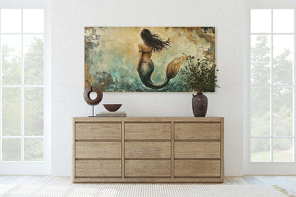 Rustic Mermaid, Faux metal art, Mythical Creature, Ocean Decor, Framed Canvas, Large Art print, Fantasy Painting