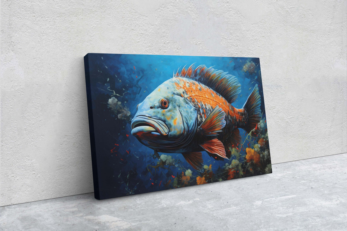 Fish  Painting, Canvas Wall Art, Abstract Blue Sea Painting, Boho Wall Décor, Custom Painting, Home Decor,Large Original,Framed Canvas