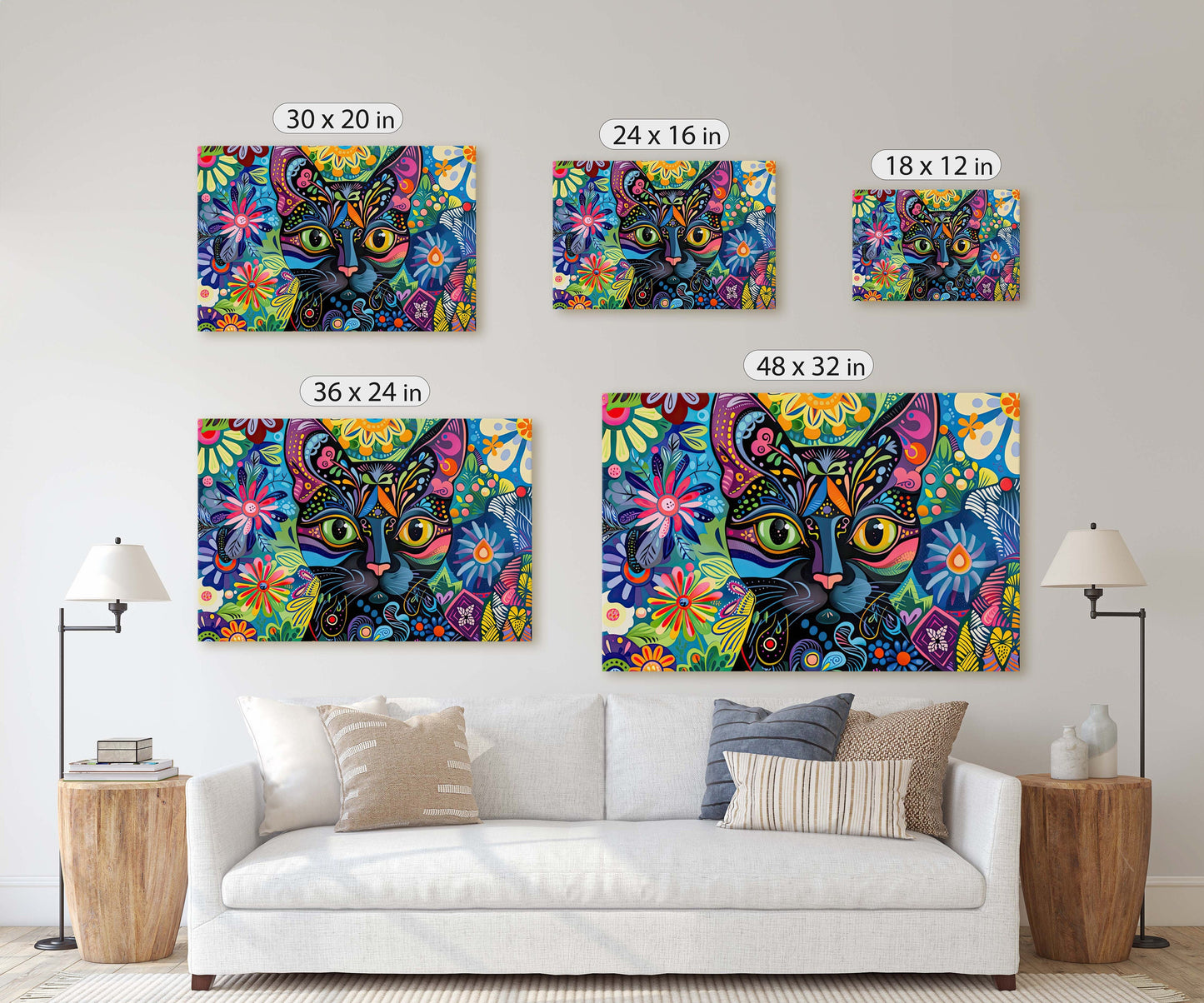 Whimsical Cat Art, Geometric Colorful, Abstract Cat, Pop Art, Large Art Print, Framed Canvas, Black Cat, Cat Lover, Animal Art