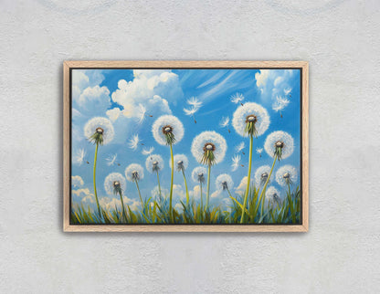Dandelions Painting, Blue Sky Art, Close up Flowers, Wildflowers Art