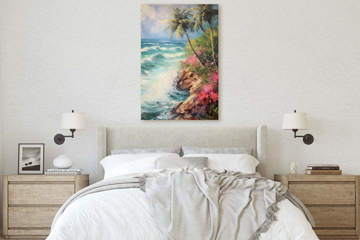 Stormy Beach on Canvas, Cliffside Waves, Flower Beach, Palm Trees, Tropical Vacation, Framed Canvas, Nature Decor, Portrait Canvas