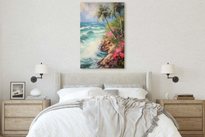 Stormy Beach on Canvas, Cliffside Waves, Flower Beach, Palm Trees, Tropical Vacation, Framed Canvas, Nature Decor, Portrait Canvas