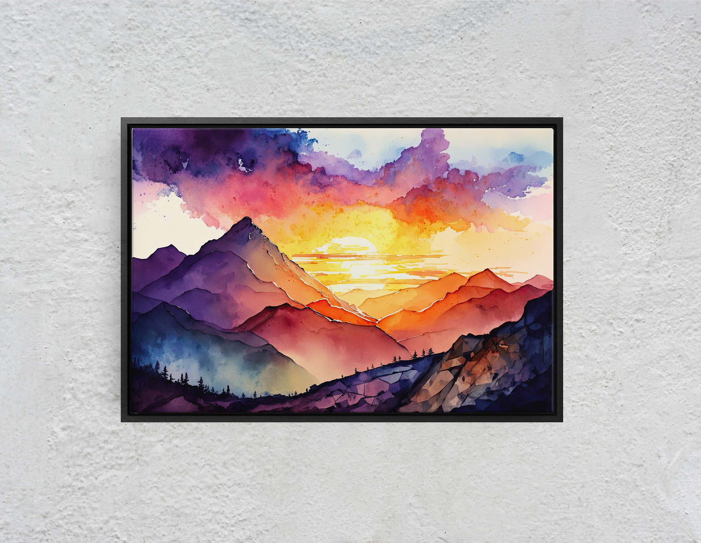 Watercolor mountains, Colorful sunset, Canvas Art, Large Print, Painting, Landscape, vibrant colors, dramatic landscape, living room