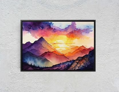 Watercolor mountains, Colorful sunset, Canvas Art, Large Print, Painting, Landscape, vibrant colors, dramatic landscape, living room