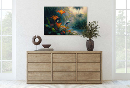 Jungle Flower Bird Canvas Art Ready To Hang Large Print, Oil Painting, Landscape