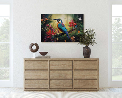 Jungle Bird Painting, Jungle Art, Green Jungle, Framed Canvas, Large Print, Beautiful Bird, Flower Jungle, Tropical Forest, Rainforest Art