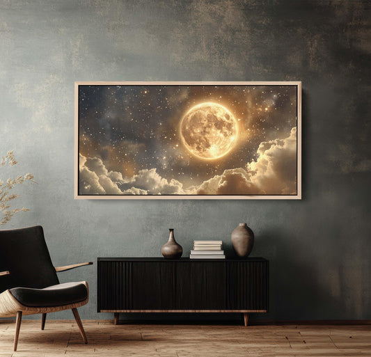 Full Moon Vintage ,Cloudy Moon Sky, Moon Painting, Moon and Stars