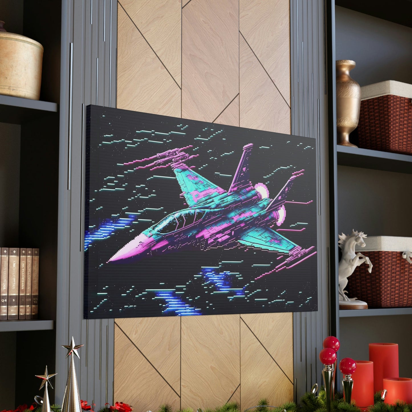 Fighter Jet Canvas Art Ready To Hang | Vapor wave | Outrun | Pixel | Man Cave