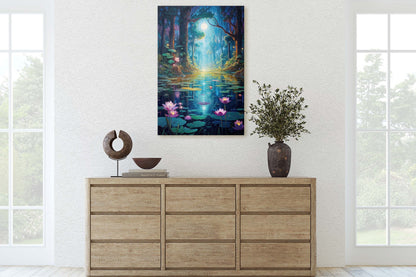 Enchanted Pond, Lamps Night Art, Lantern Forest, Vertical Canvas, Fantasy Decor, Office Art, River Art, Lily Pond, Floating Flower