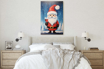Cute Santa Wine, Santa Clause, Christmas Decor, Santa Painting, Saint Nick, Christmas Gift, Framed Canvas, Father Christmas, Holiday Artwork