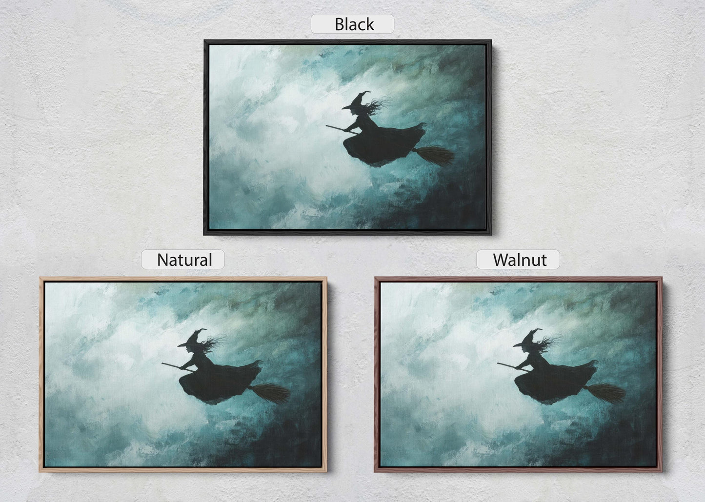 Flying Witch, Witch on Broomstick, Whimsical Decor, Full Moon, Halloween Art, Cloudy, Fall Art