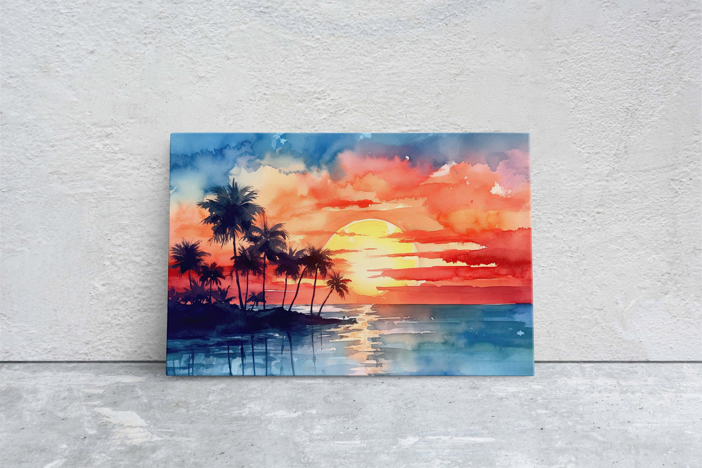 Beach Sunset on Canvas, Tree silhouette, Sunrise Beach, Watercolor, Framed Canvas, Red Orange, Blue