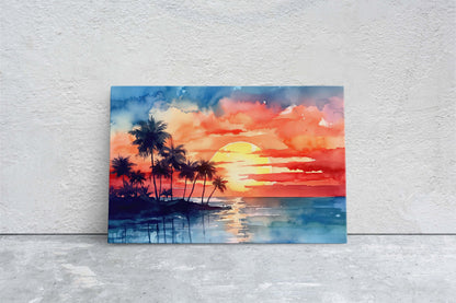Beach Sunset on Canvas, Tree silhouette, Sunrise Beach, Watercolor, Framed Canvas, Red Orange, Blue