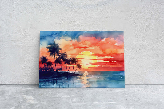 Beach Sunset on Canvas, Tree silhouette, Sunrise Beach, Watercolor, Framed Canvas, Red Orange, Blue