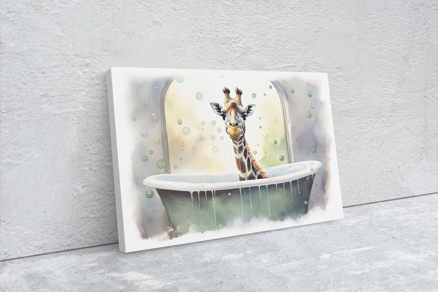 Giraffe Bath, Giraffe in Bathtub, Bathroom Decor, Kids Bath, Powder room, Fun Art, Cute Giraffe Elephant, Bath time Art, Silly Decor