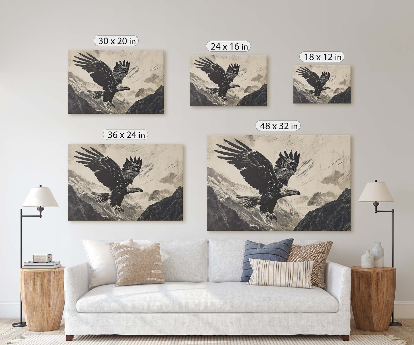 Black and White Eagle, Bald Eagle Painting, Cabin Decor, Mountain Home Art, Framed Canvas, Mountain Range, Nature Art