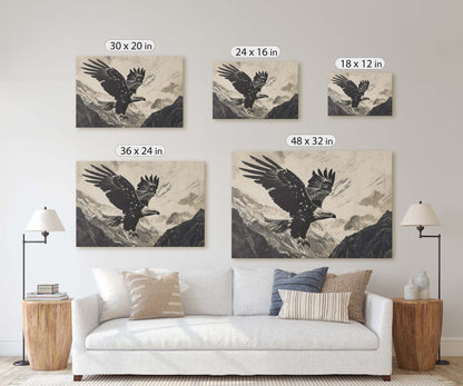 Black and White Eagle, Bald Eagle Painting, Cabin Decor, Mountain Home Art, Framed Canvas, Mountain Range, Nature Art