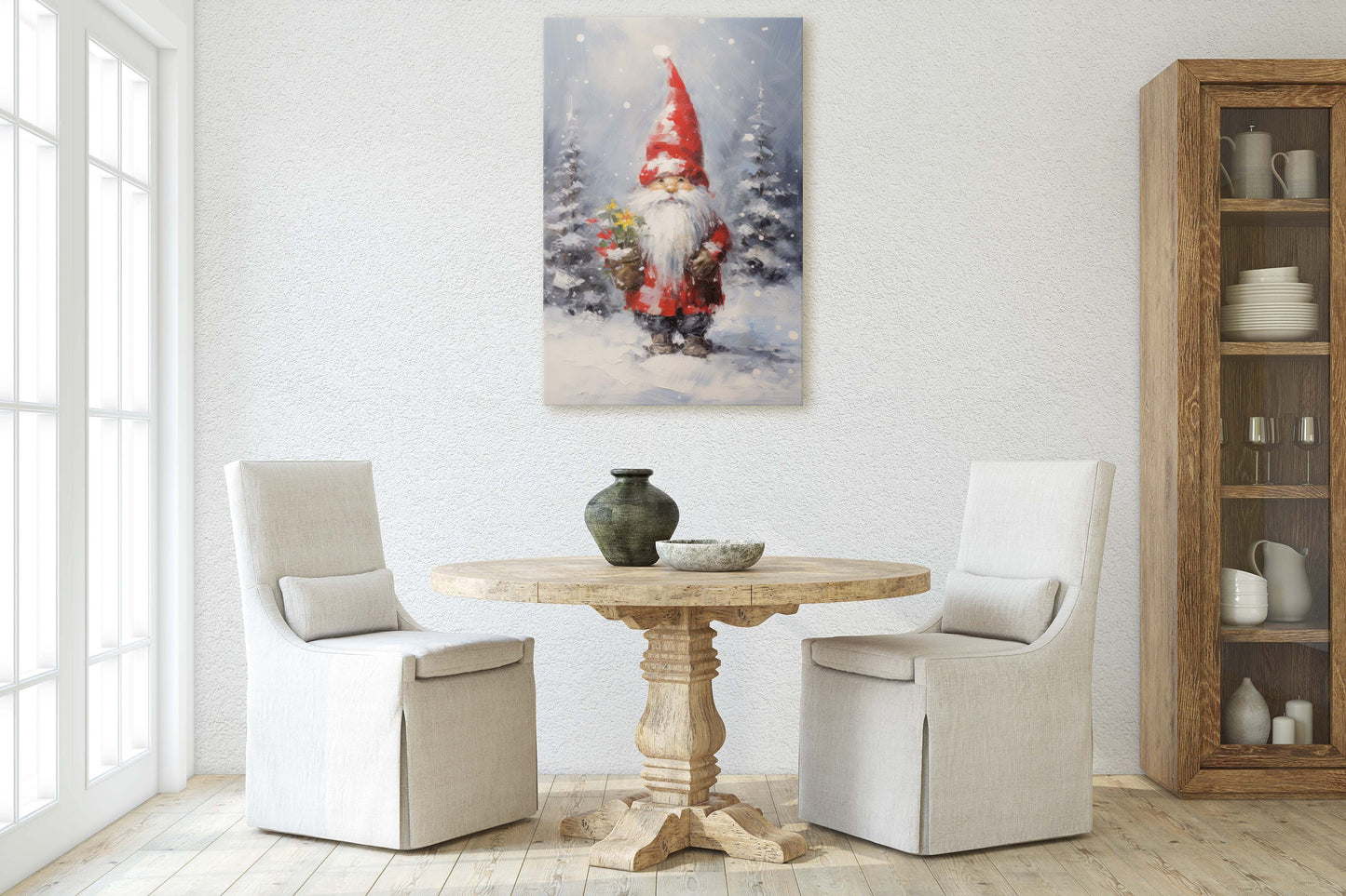 Christmas Elf, Christmas Gnome, Santa Clause Flower, Cute Santa, Christmas Decor, Xmas Painting, Framed Canvas