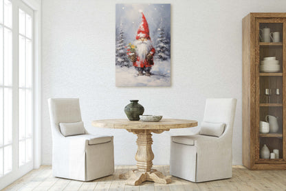 Christmas Elf, Christmas Gnome, Santa Clause Flower, Cute Santa, Christmas Decor, Xmas Painting, Framed Canvas