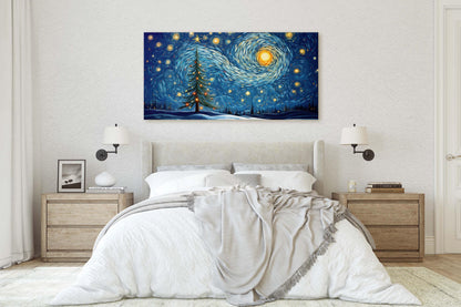 Starry Night Christmas, Christmas Tree, Pine Tree, Winter Decor, Festive Art, X-mas Print, Framed Canvas
