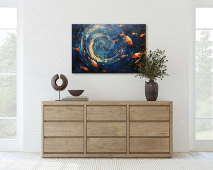Fish School Painting, Canvas Wall Art, Abstract Blue Sea Painting, Boho Wall Décor, Custom Painting, Home Decor,Large Original,Framed Canvas
