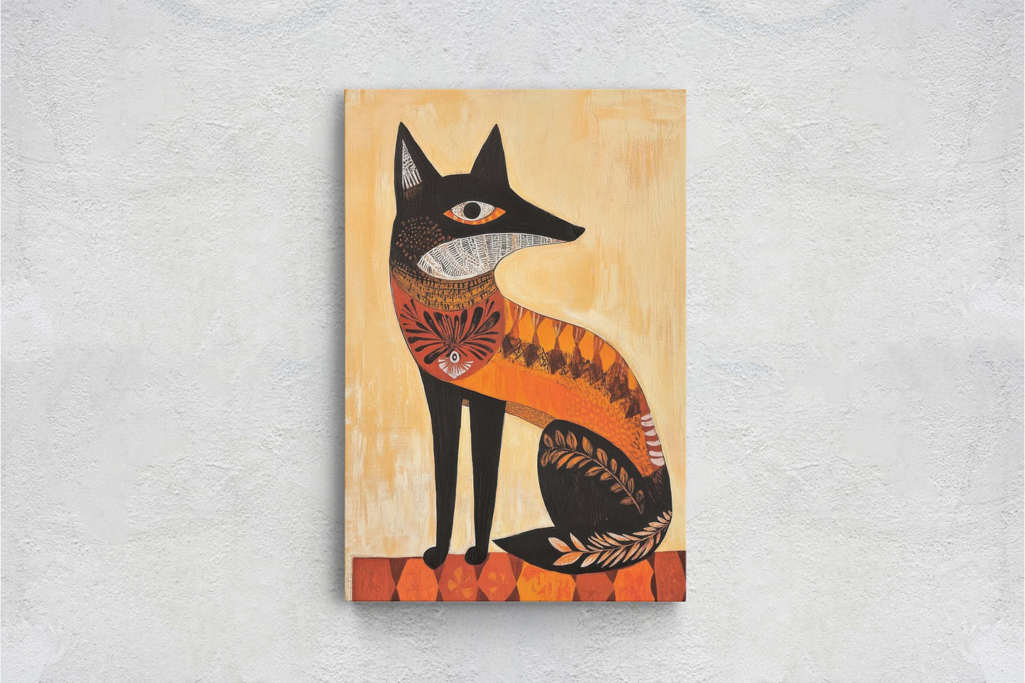 Scandinavian Fox, Folk Art, Celestial Art,  Framed Canvas, Nature Print, Whimsical, Egyptian, Abstract