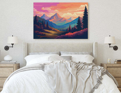 Mountain Sunset on Canvas, Vivid Color, Forestpunk, Bold Color, Illustration animation, cyberpunk landscape, Large Print