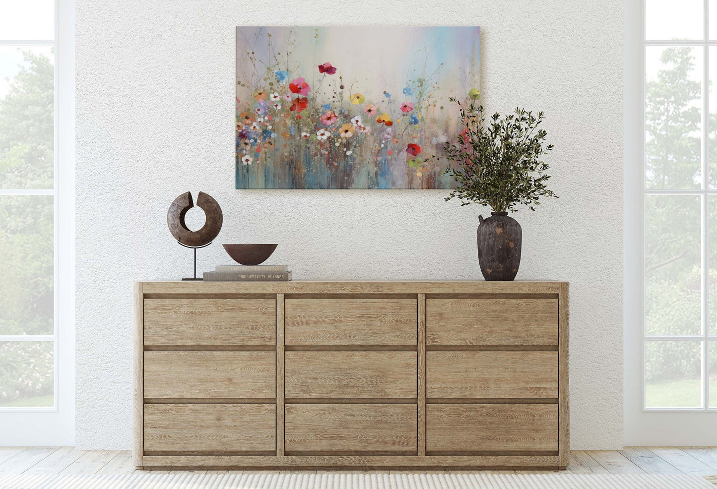 Wildflowers on Canvas, Flowers in Rain. Abstract Wall Art, Framed Canvas, Watercolor flowers,  Floral Print, Classic, Rustic Farmhouse
