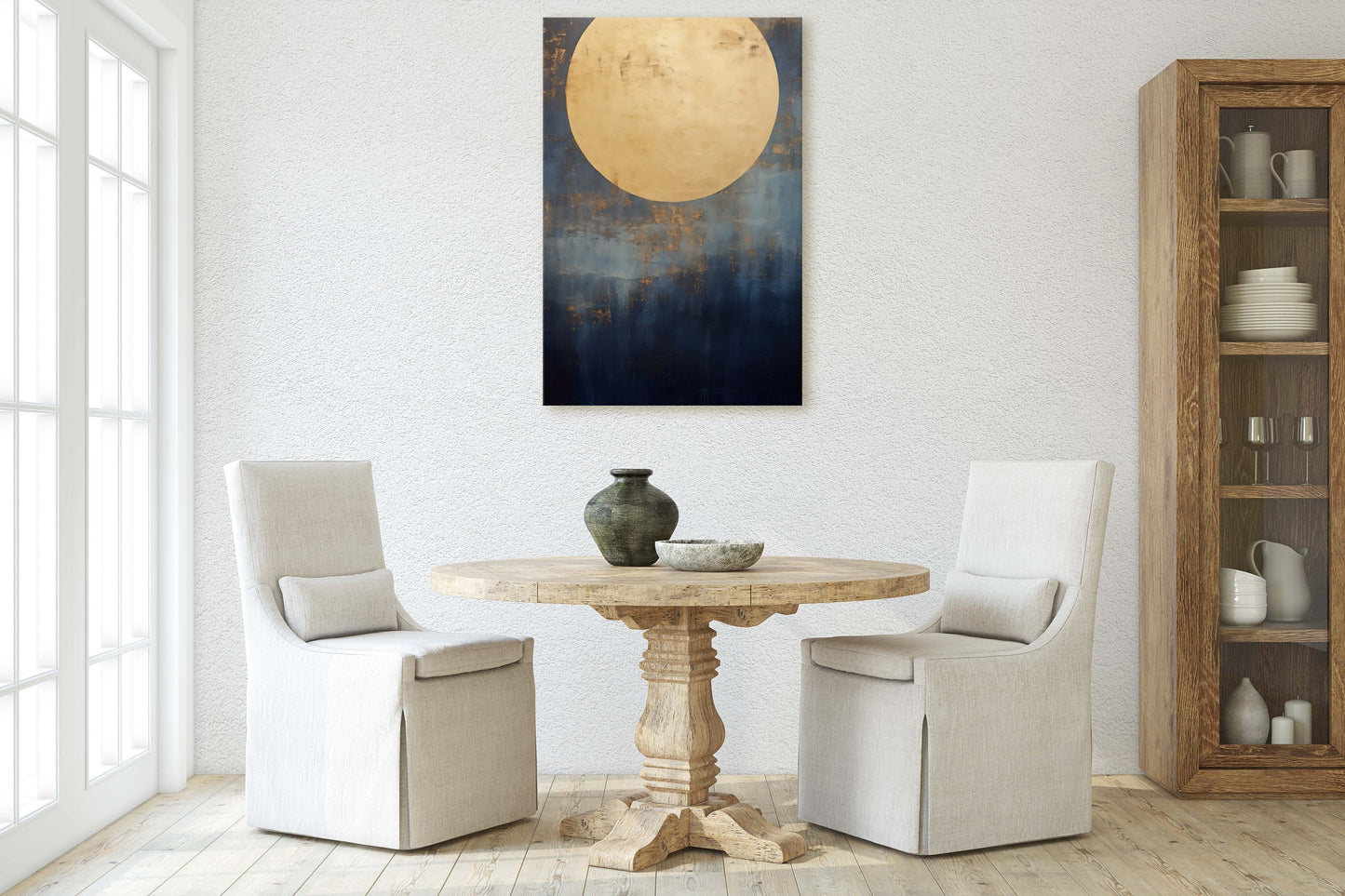 Gold Moon on Indigo, Moon Painting, Minimalist Art, Circle Indigo, Maximalist Art, Contemporary Decor, Celestial Art, Space Decor, Night Sky