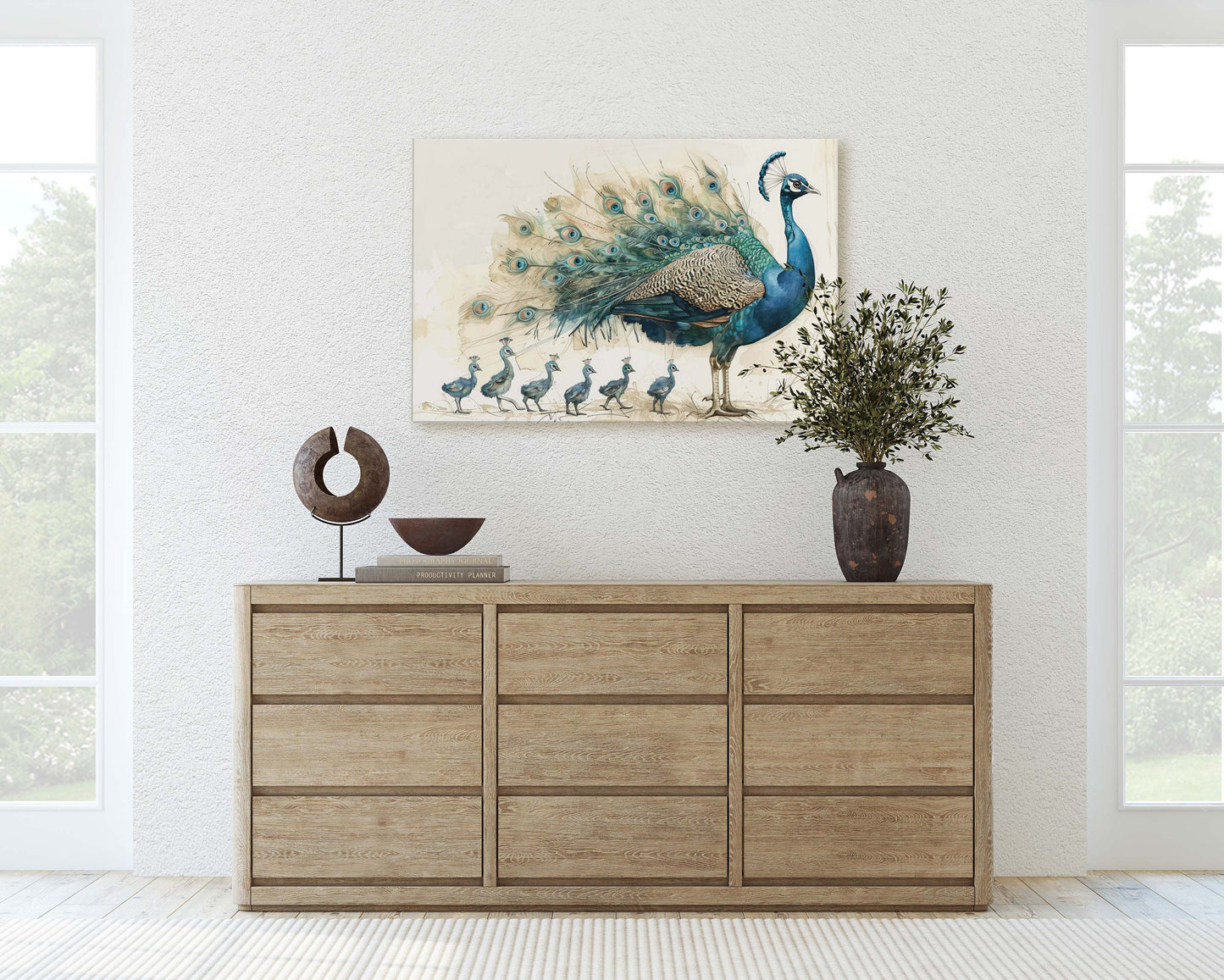 Peacock Family, Peacock Painting, Bird Family, Mom and Kids, Children Babies, Large Art Print, Framed Canvas, Dad Child