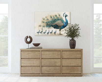 Peacock Family, Peacock Painting, Bird Family, Mom and Kids, Children Babies, Large Art Print, Framed Canvas, Dad Child