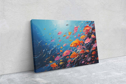 Fish School Painting, Canvas Wall Art, Abstract Blue Sea Painting, Boho Wall Décor, Custom Painting, Home Decor,Large Original,Framed Canvas