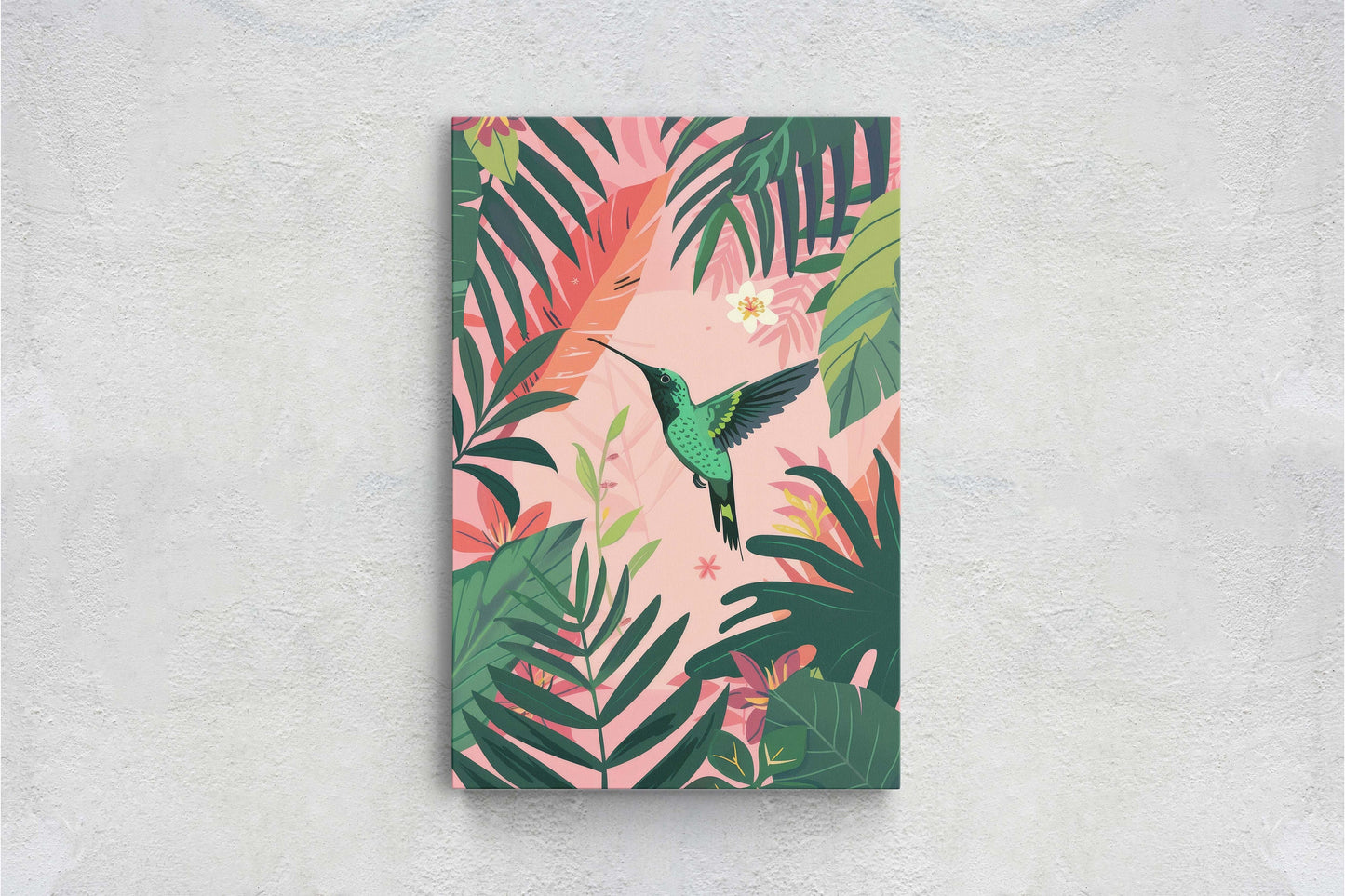 Hummingbird Illustration, Framed Canvas, Tropical Art, Maximalist Jungle, Botanical Print, Bold Eclectic