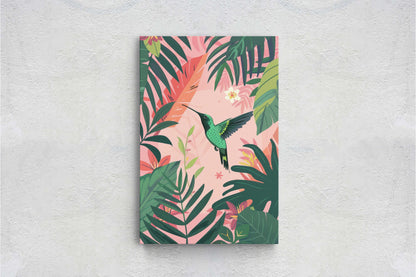 Hummingbird Illustration, Framed Canvas, Tropical Art, Maximalist Jungle, Botanical Print, Bold Eclectic