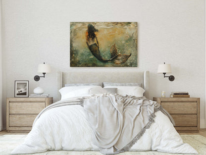 Mermaid Alone, Nautical Artwork, Ocean Decor, Mythical Creature, Fantasy Decor, Faux Metal, Framed Canvas, Extra Large Print