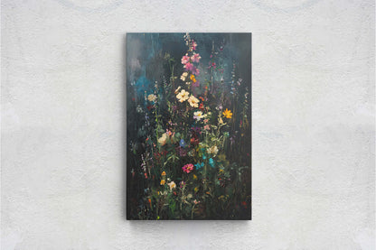 Dark Wildflowers, Black Canvas, Floral Print, Flower Decor