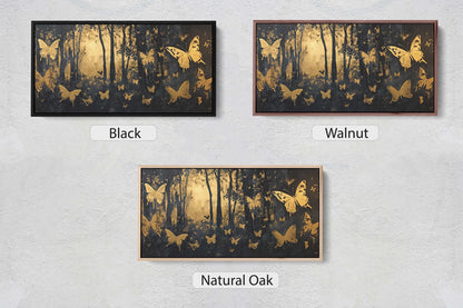 Butterfly Forest, Black and Gold Trees, Wide Canvas print, Modern Contemporary
