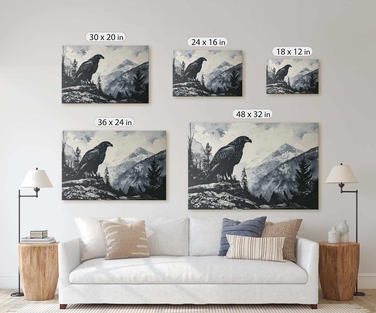 Black and White Eagle,  Hawk Painting, Cabin Decor, Mountain Home Art, Framed Canvas, Eagle Painting, Mountain Range, Nature Art