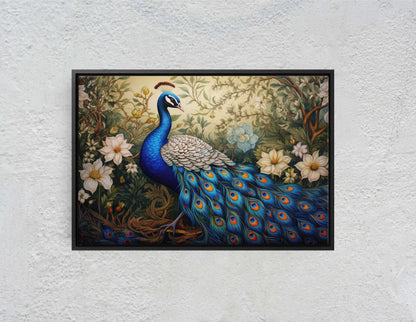 Peacock Painting, White Flowers, Oriental Decor, Traditional Decor, Framed Canvas, Bird Print