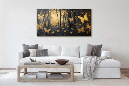 Butterfly Forest, Black and Gold Trees, Wide Canvas print, Modern Contemporary