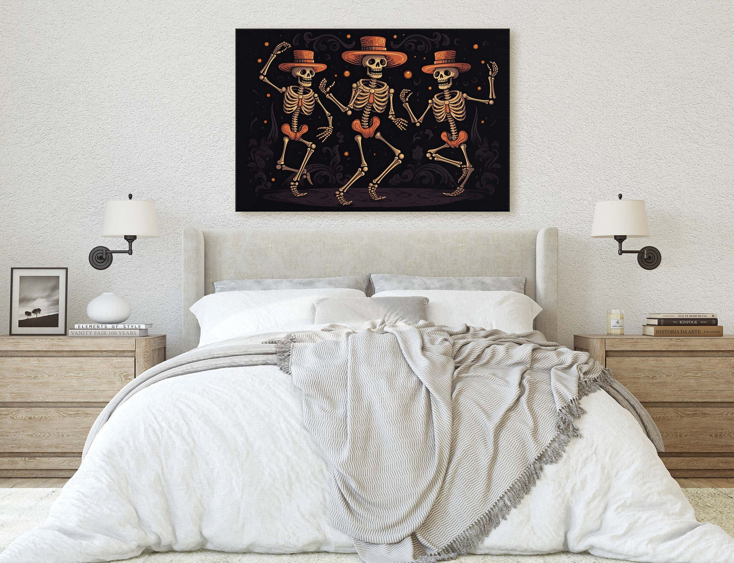 Dancing Skeletons On Canvas, Spooky Decor, Halloween Art, Day of the Dead, Cute Gothic, Macabre Art, Framed Canvas