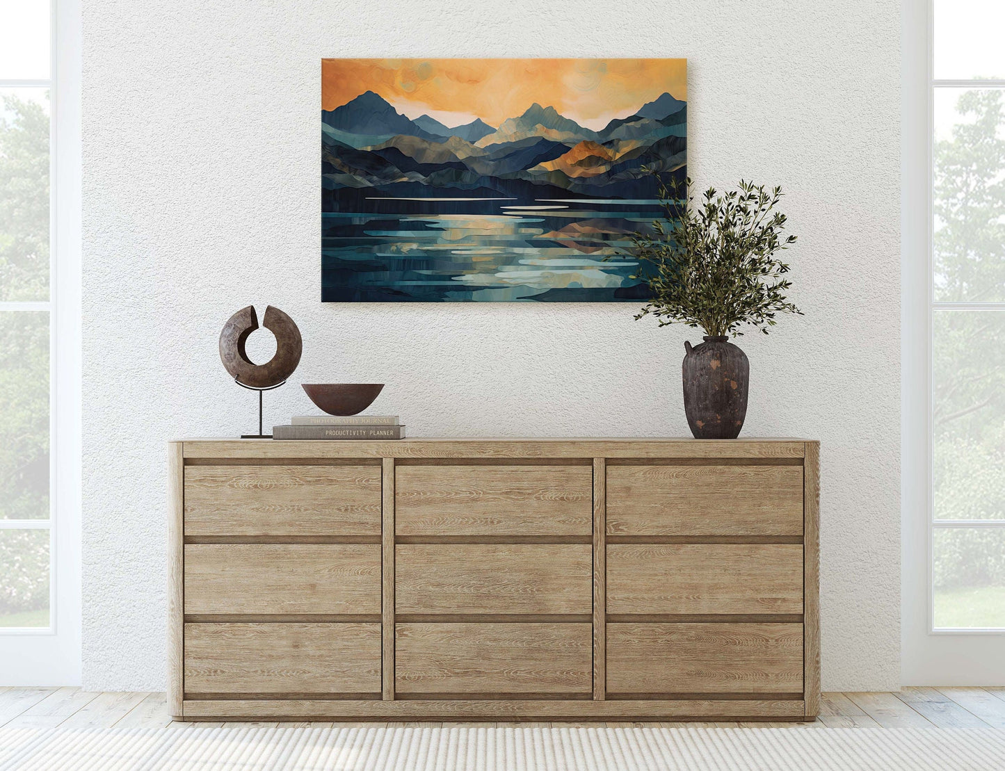 Lakeside Mountains on Canvas, Lake View mountains, Abstract Landscape, Modern Landscape, Neutral Tones, Subtle color, Watercolor Print