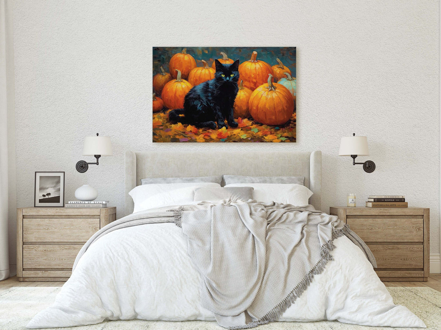Black Cat Pumpkin Patch on Canvas, Halloween Decor, Fall Pumpkin, Framed Canvas,  Autumn Leaves, Pumpkin Leaf, Painting