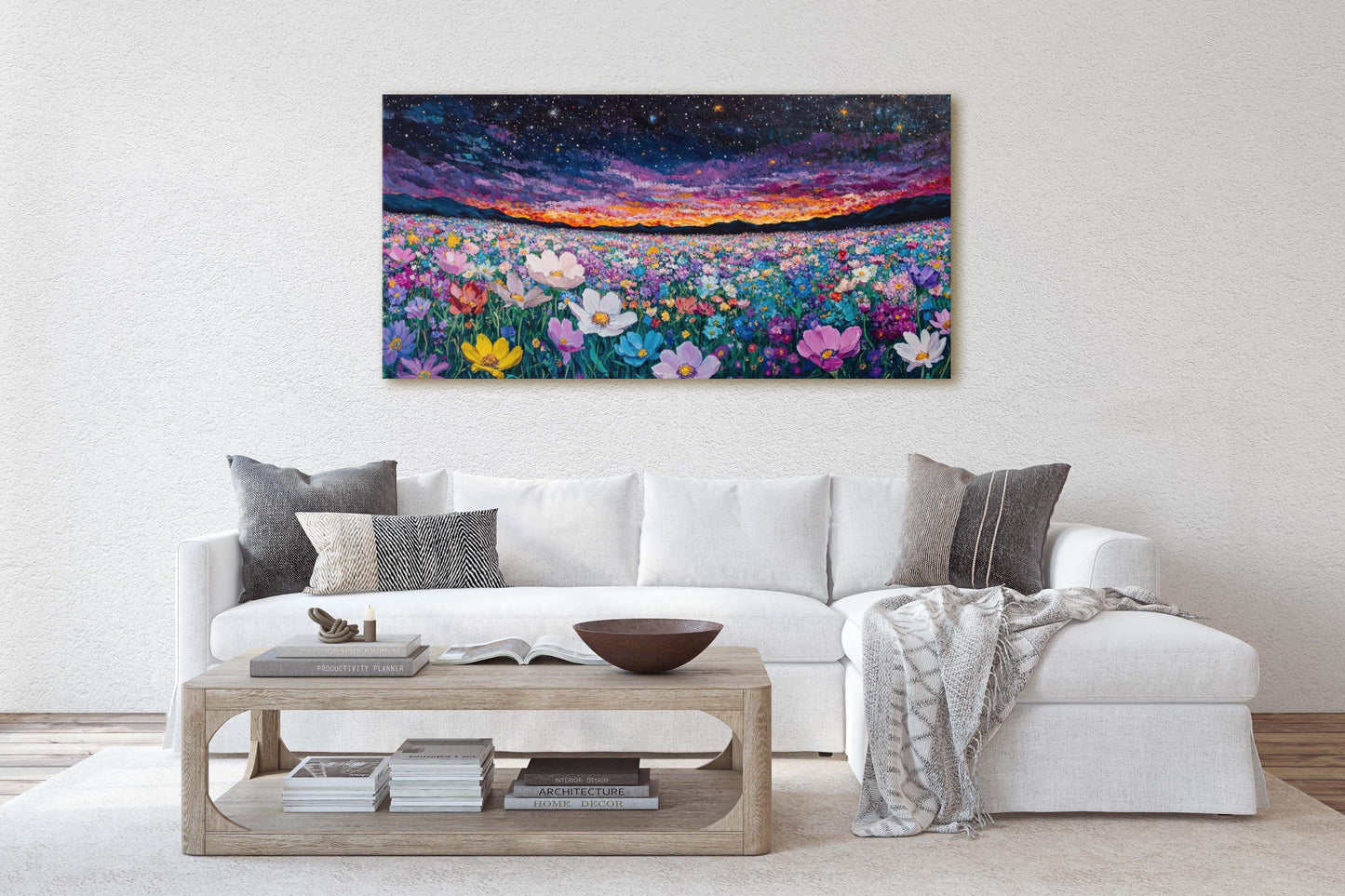 Night Sky Flowers, Meadow in the Night, Dark Colorful, Vibrant Decor, Large Art Print