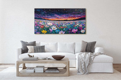 Night Sky Flowers, Meadow in the Night, Dark Colorful, Vibrant Decor, Large Art Print