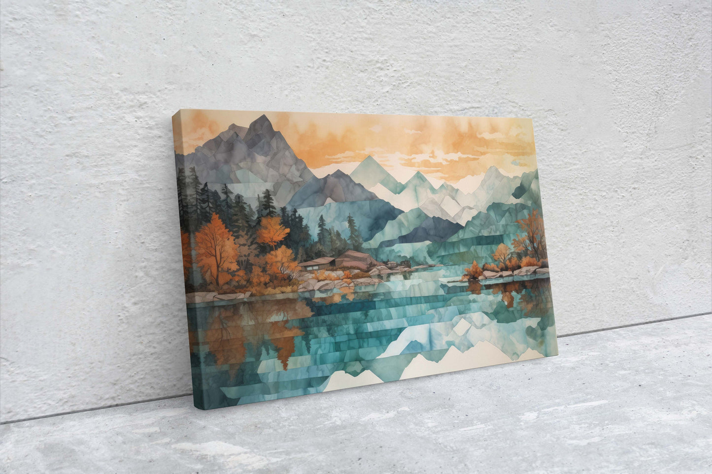 Lakeside Mountains on Canvas, Lake View mountains, Abstract Landscape, Modern Landscape, Neutral Tones, Subtle color, Watercolor Print