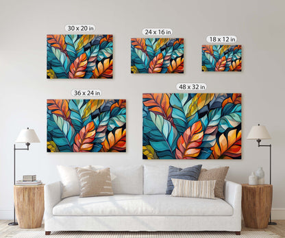 Modern Leaves, Contemporary Colorful, Fall Season, Abstract Symbolist, Framed Canvas, Large Art Print