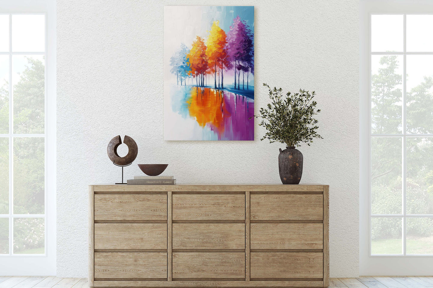 Trees By Lake, Colorful Foliage, Rainbow Trees, Pastel Colors, Blue White, Orange Purple, Framed Canvas, Large Art print