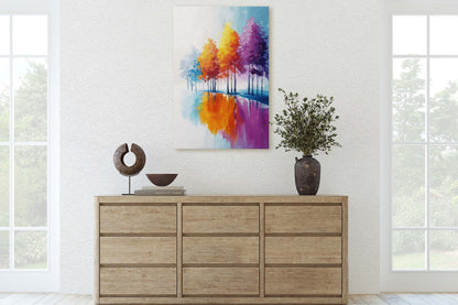 Trees By Lake, Colorful Foliage, Rainbow Trees, Pastel Colors, Blue White, Orange Purple, Framed Canvas, Large Art print