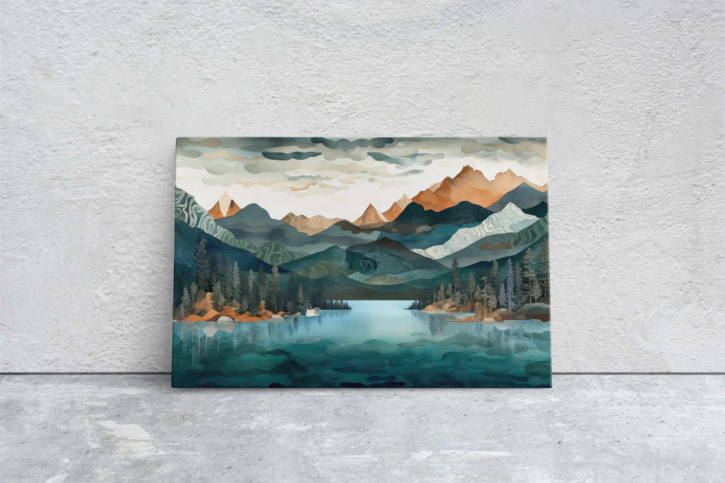 Lakeside Mountains on Canvas, Lake View mountains, Abstract Landscape, Modern Landscape, Neutral Tones, Subtle color, Watercolor Print